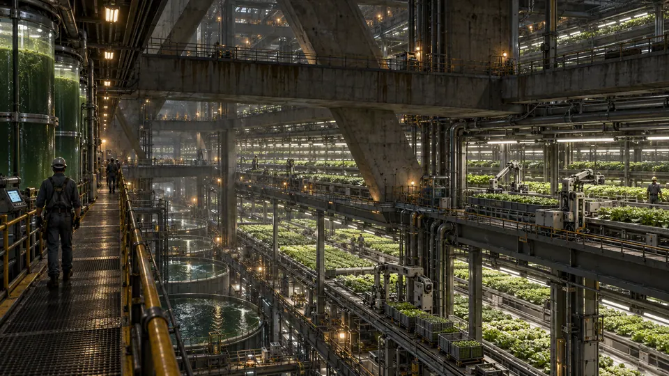 Robotic harvesters tend stacked growing beds inside a concrete agricultural deck