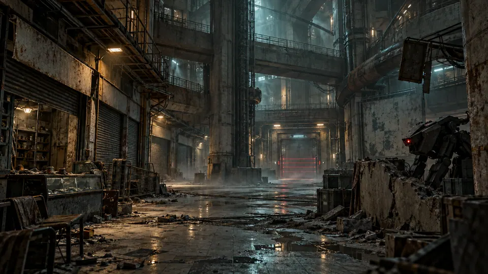 Forgotten security sector with abandoned shops and a guarded doorway