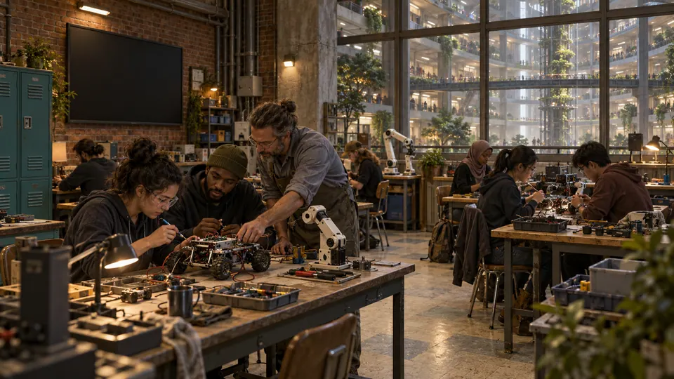 Technical school room with collaborative adult education and robotics repair
