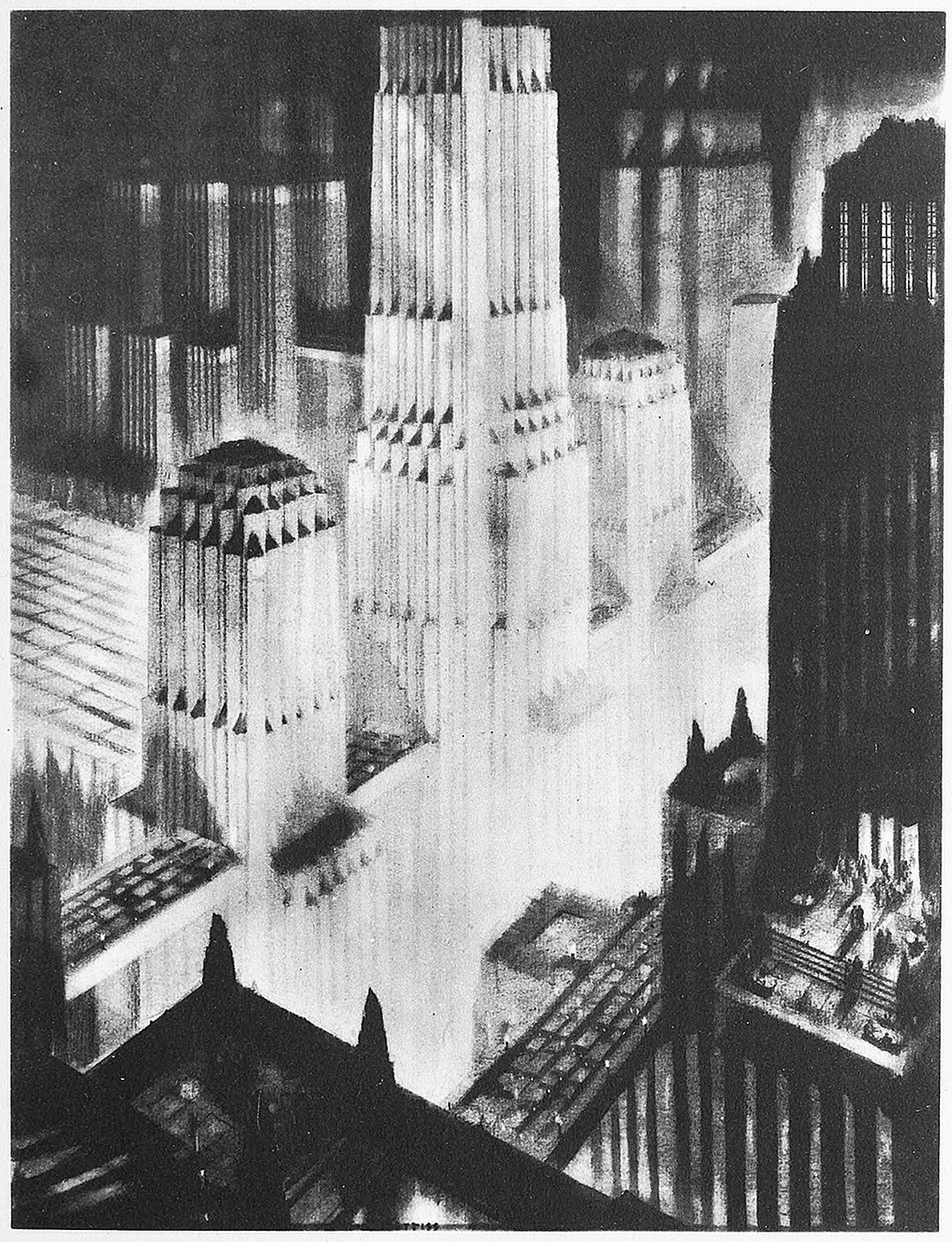 Hugh Ferriss charcoal plate of crowding towers from The Metropolis of Tomorrow, 1929