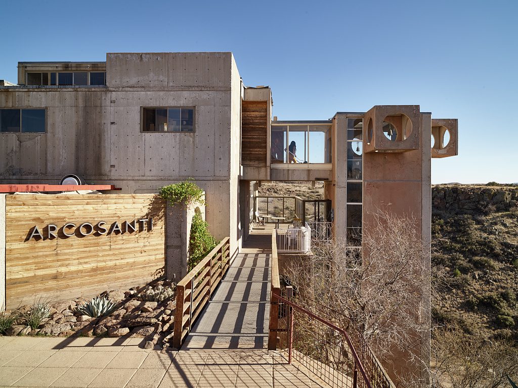 Carol M. Highsmith photograph of Arcosanti in Arizona, showing silt-cast concrete forms and the site sign