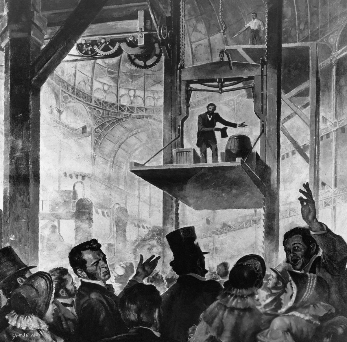Period engraving of Elisha Otis’s 1854 safety-brake demonstration at the New York Crystal Palace