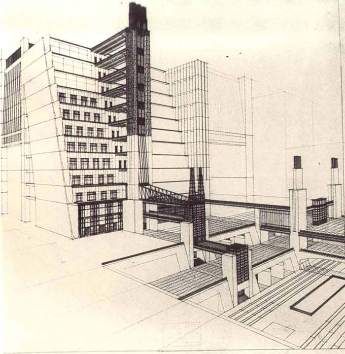 Antonio Sant’Elia drawing of La Città Nuova with terraces and external lifts, 1914